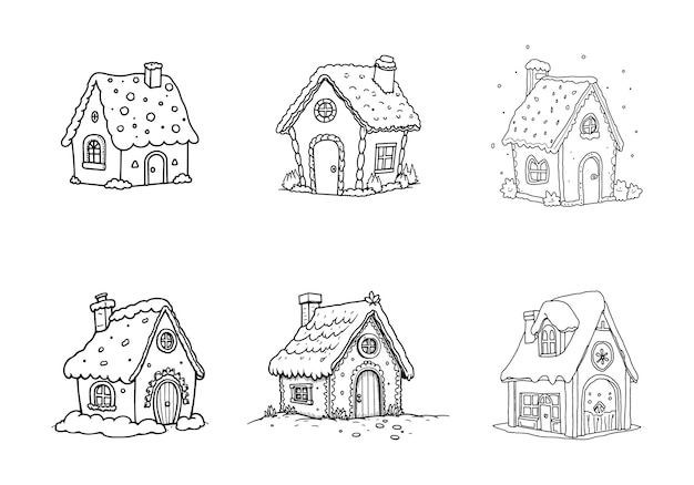 Arte de líneas dibujadas a mano dibujos animados casa de pan de jengibre conjunto de ilustraciones vectoriales colección página de colorear