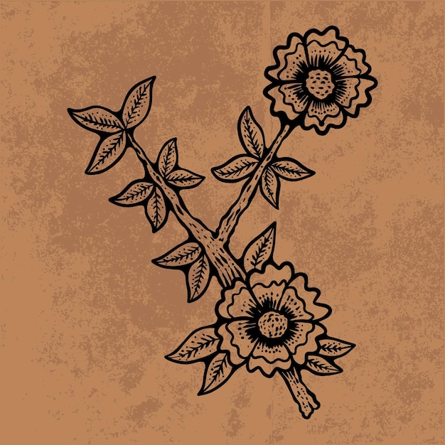Arte de líneas de flores silvestres en hojas botánicas