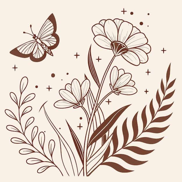 Arte de líneas de mariposas y flores