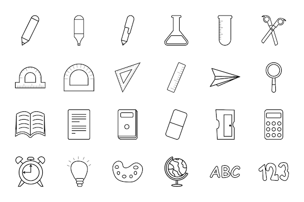 Arte de líneas Suministros escolares conjunto regla calculadora globo libros pelota de fútbol cuadernos lápices lápices pinturas mochila, etc.