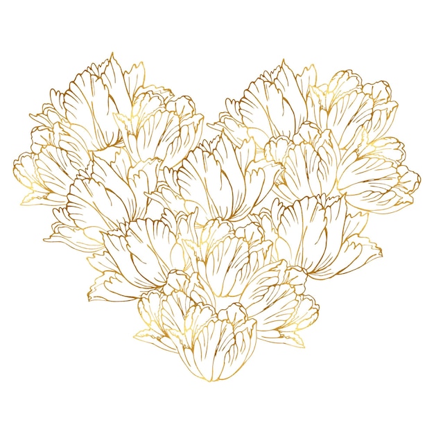 Vector arte de líneas, tulipanes dorados de primavera, corazones de flores, fondo, elementos florales dibujados a mano para el día de san valentín, ilustraciones vectoriales para tarjetas o invitaciones, libro para colorear.