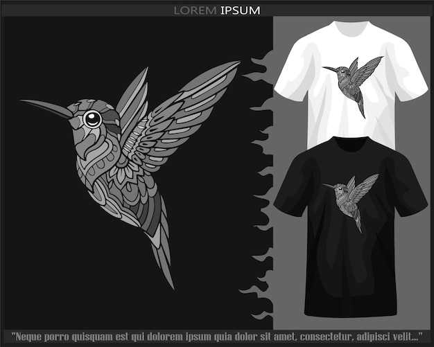 Arte de mandala de colibrí monocromático aislado en camiseta en blanco y negro