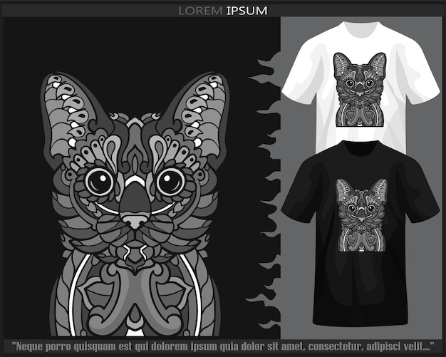 Arte de mandala de gato monocromático aislado en camiseta en blanco y negro