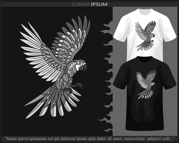 Vector arte de mandala de pájaro guacamayo monocromo aislado en camiseta en blanco y negro