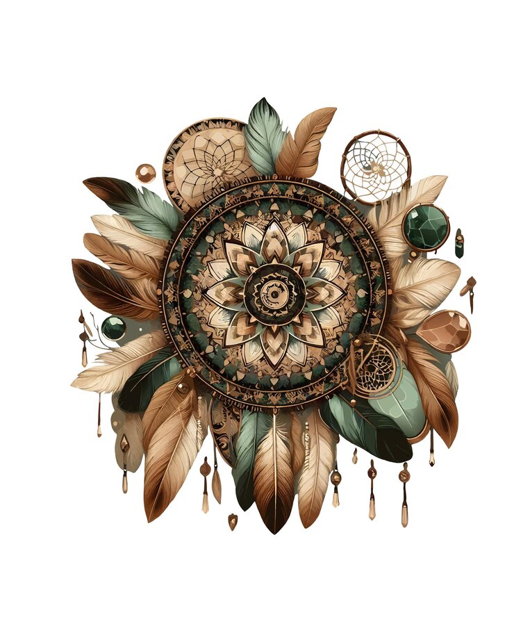 Vector arte de mandala vecort con una pluma de pavo real y plumas