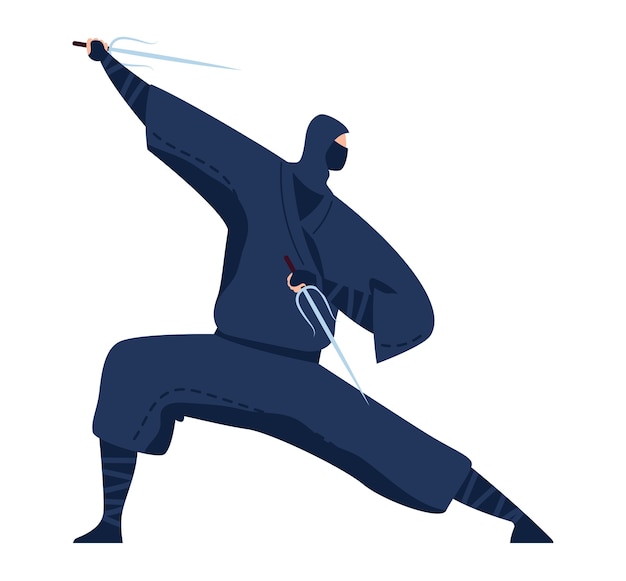 Arte marcial, ninja japonés, guerrero profesional en la ilustración de estilo de dibujos animados de diseño de kimono negro, aislado en blanco. Deporte oriental agresivo, práctica de combate singular, hombre practicando patadas