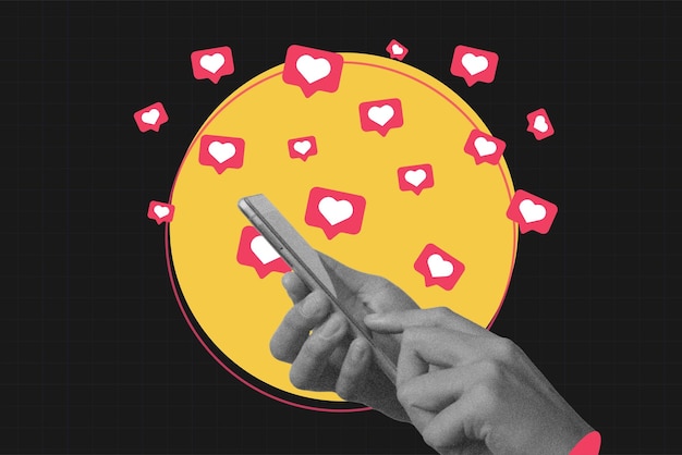 arte de moda collage obra de arte con una mano sosteniendo un teléfono moderno corazón insignia de redes sociales