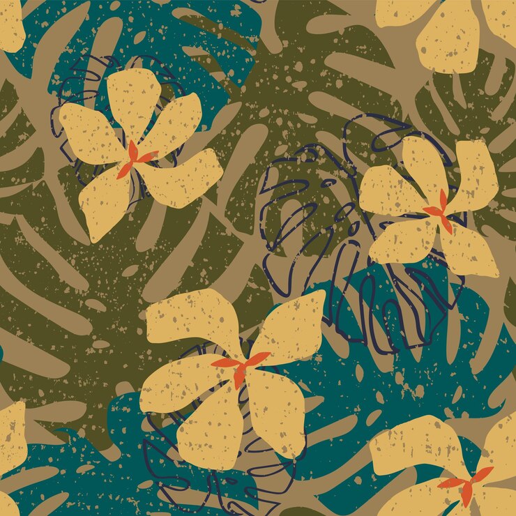 Arte moderno grunge de mediados de siglo con fondo de flores y hojas tropicales dibujadas a mano con patrón sin costuras