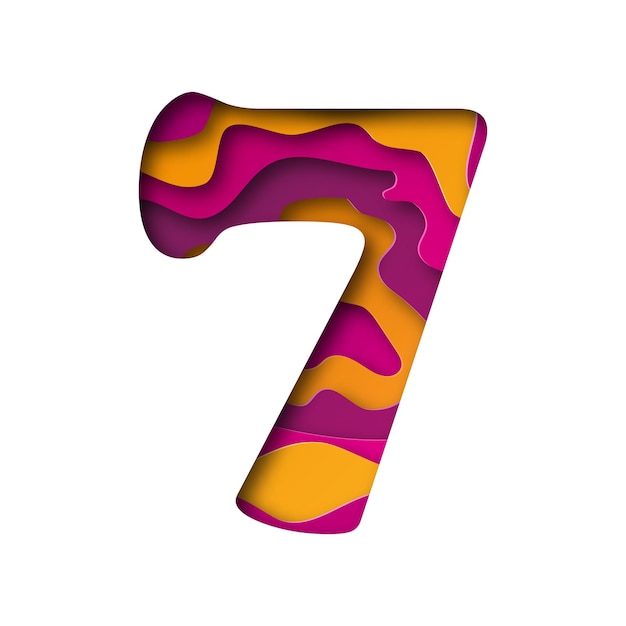 Arte moderno en papel del número siete coloreado. ilustración vectorial. el número siete está cortado de papel aislado.