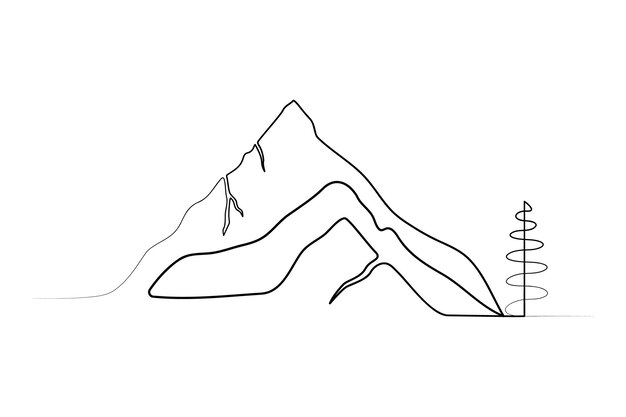 Arte de montaña continuo de una línea y contorno de la naturaleza vista del paisaje ilustración vectorial de una sola línea