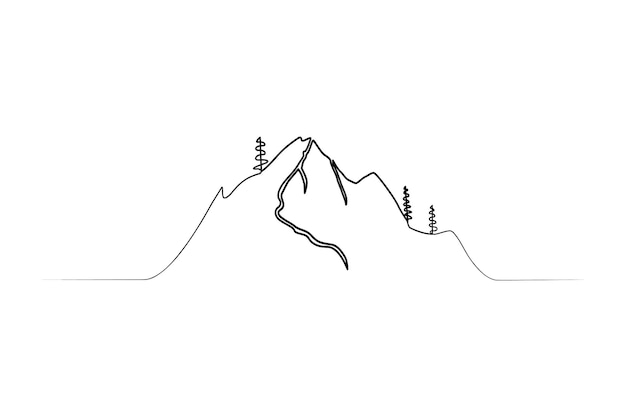 Arte de montaña continuo de una línea y contorno de la naturaleza vista del paisaje ilustración vectorial de una sola línea
