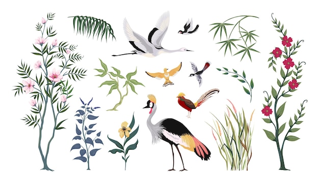 Arte oriental chino paisaje tradicional chino con plantas de la selva y aves animales voladores exóticos aislados hojas de palma de bambú y selva tropical Vector elementos de paisaje asiático vintage