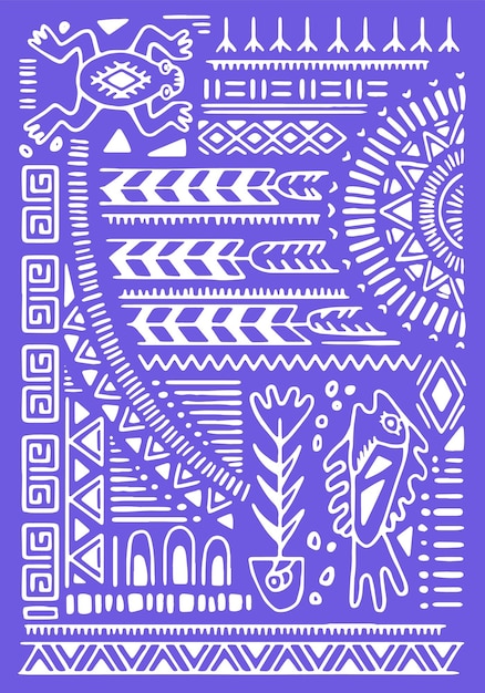 Vector arte ornamental étnico en la pared elementos tribales incas en el cartel impresión tradicional maya patrón cherokee símbolos aztecas en la alfombra fondo antiguo con formas abstractas de animales ilustración vectorial plana