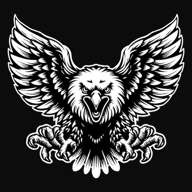 Arte oscuro Águila enojada volando Ilustración en blanco y negro