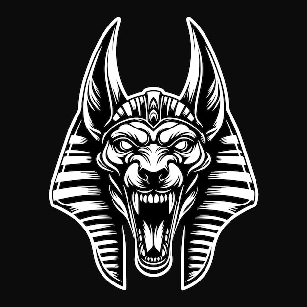 Arte oscuro Cabeza de Anubis enojado Ilustración en blanco y negro