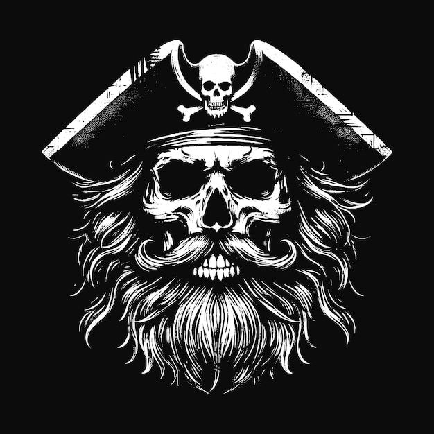 Vector arte oscuro cabeza de calavera de piratas con doble espada ilustración en blanco y negro