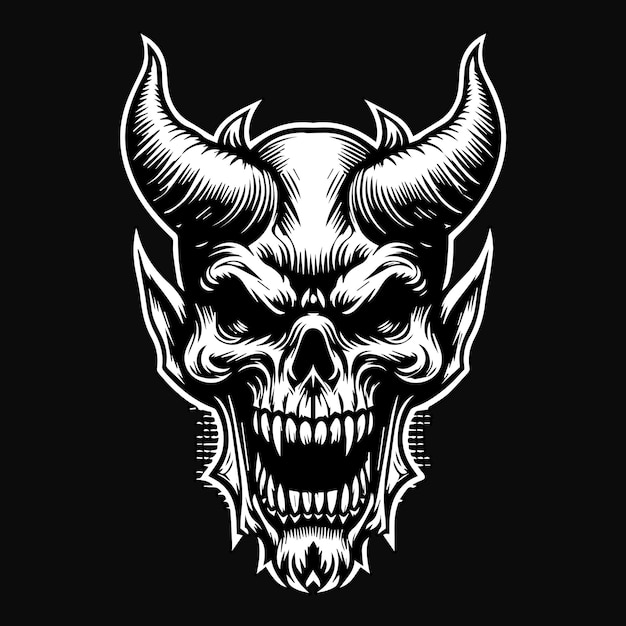 Arte oscuro Cabeza de cráneo de demonio enojado con cuerno Ilustración en blanco y negro