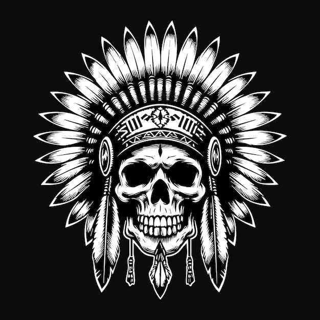 Vector arte oscuro cabeza de cráneo indio con sombrero indio ilustración en blanco y negro