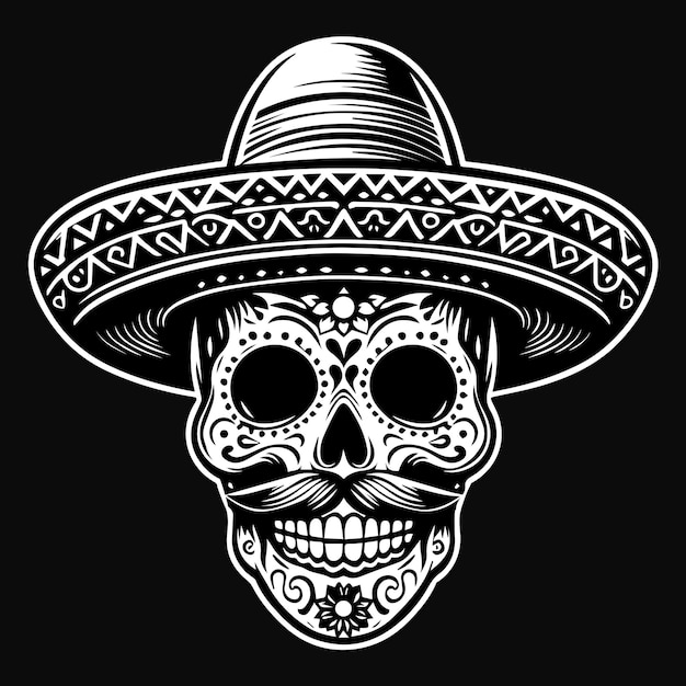 Arte oscuro cabeza de cráneo mexicano con sombrero tradicional ilustración en blanco y negro