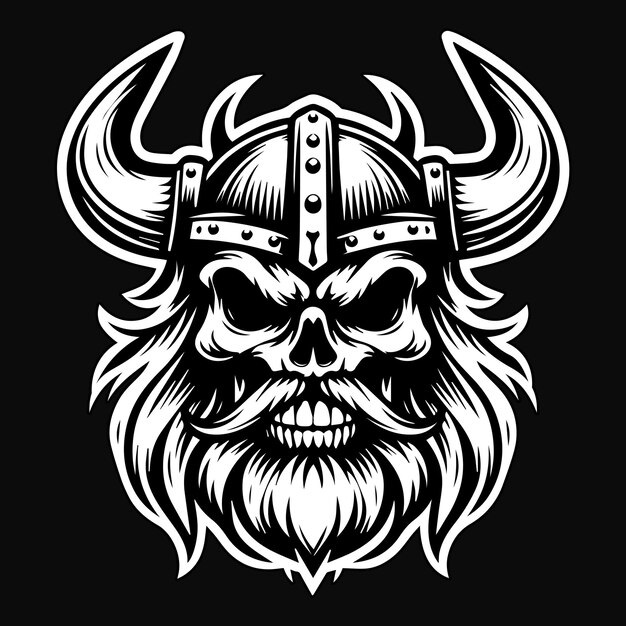 Arte oscuro cabeza de cráneo de vikingo enojado ilustración en blanco y negro