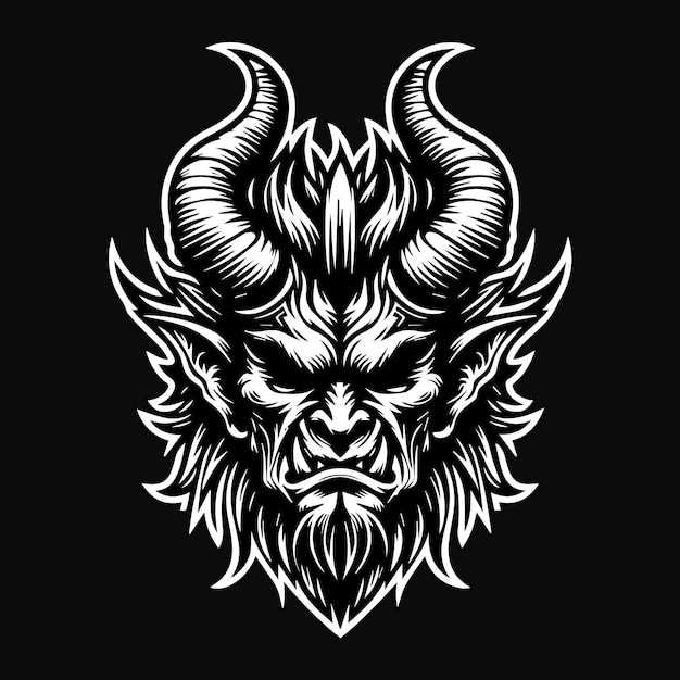 Arte oscuro Cabeza de demonio enojado Ilustración en blanco y negro