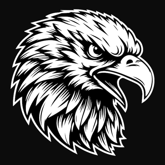 Arte oscuro Cabeza de halcón enojado Mascota Ilustración en blanco y negro