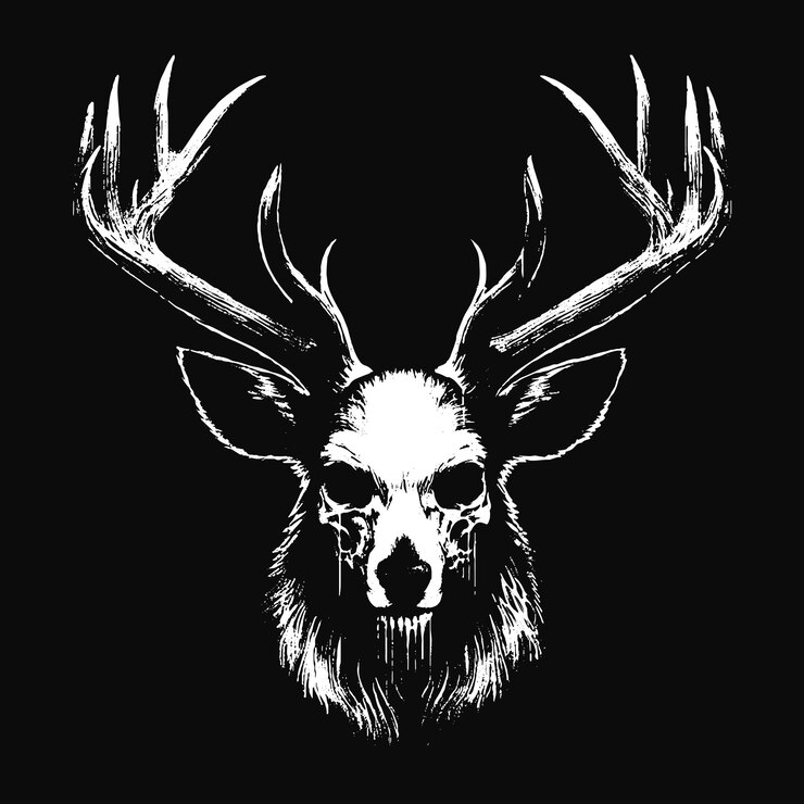 Vector arte oscuro ciervo ciervo bestia con gran cuerno cráneo de animal horror ilustración de estilo grunge vintage para merch
