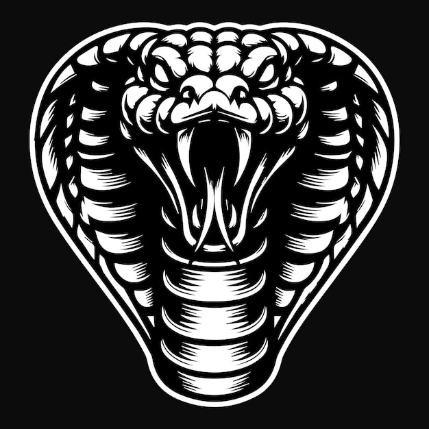 Arte oscuro Cobra enojada Cabeza de serpiente Ilustración en blanco y negro