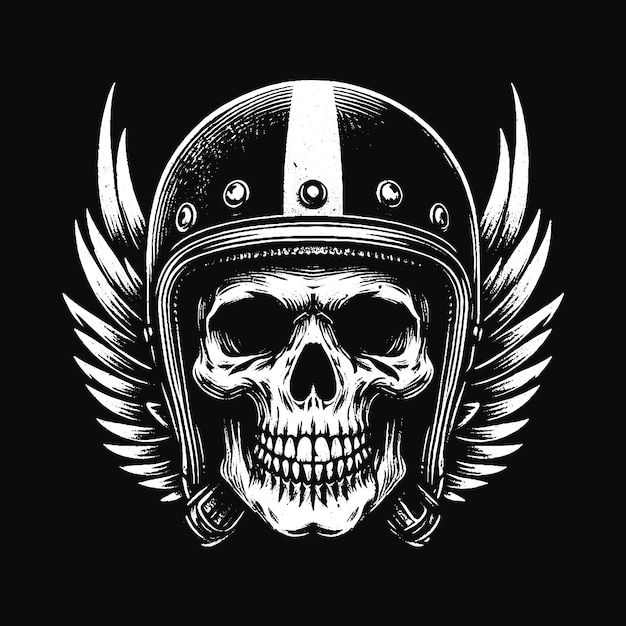 Arte oscuro cráneo jinete con casco motocicleta motociclista grunge ilustración de tatuaje vintage negro blanco