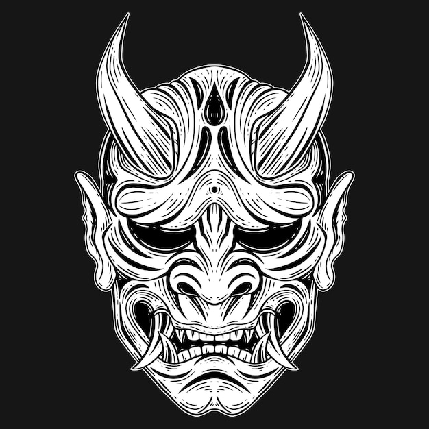 Arte Oscuro Japonés Diablo Oni Máscara Tatuaje Dibujado Mano Estilo Grabado