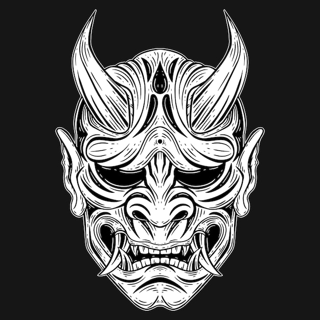 Vector arte oscuro japonés diablo oni máscara tatuaje dibujado mano estilo grabado