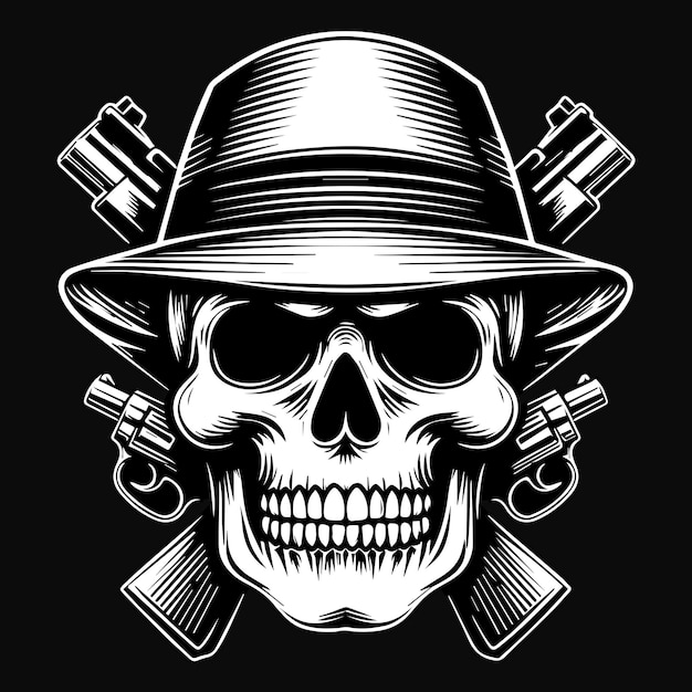 Arte oscuro Mafia Cabeza de calavera con sombrero Ilustración en blanco y negro