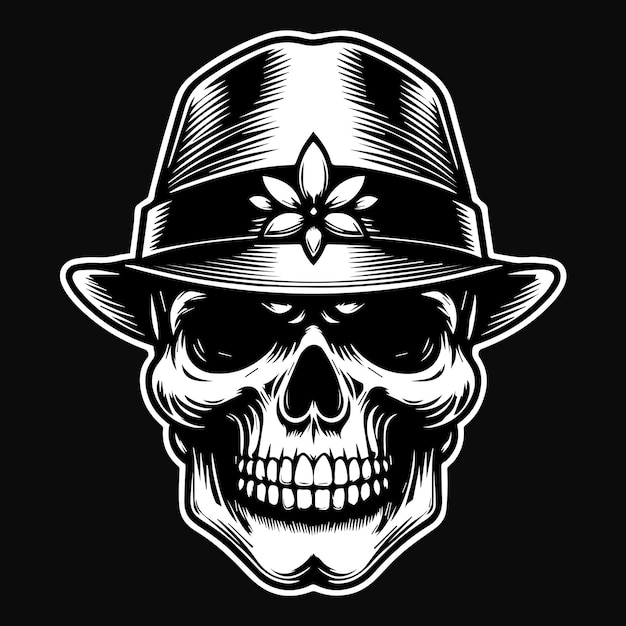 Arte oscuro Mafia Cabeza de calavera con sombrero Ilustración en blanco y negro