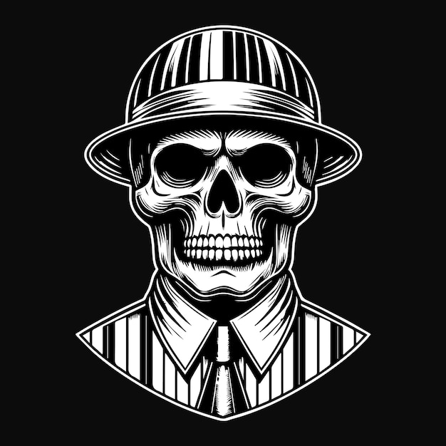 Vector arte oscuro mafia cabeza de calavera con sombrero ilustración en blanco y negro