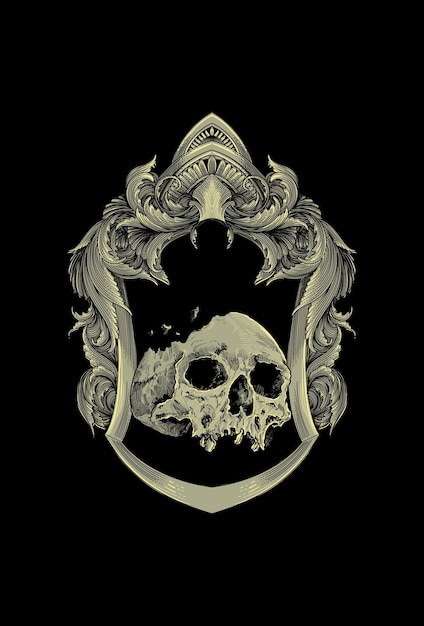 Arte oscuro Obra de arte Cráneo Cabeza de demonio humano con ornamento Ilustración Arte negro