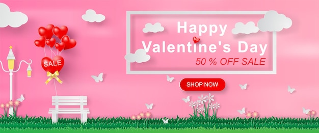 Arte de papel y artesanía del banner del sitio web del día de San Valentín con texto amor banco del parque y venta de globos