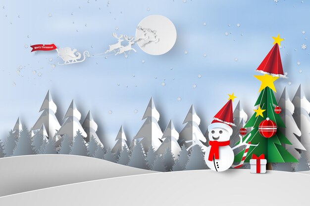 Arte de papel y artesanía de Feliz Navidad con árboles y concepto de muñeco de nieve paisaje de nieve evector