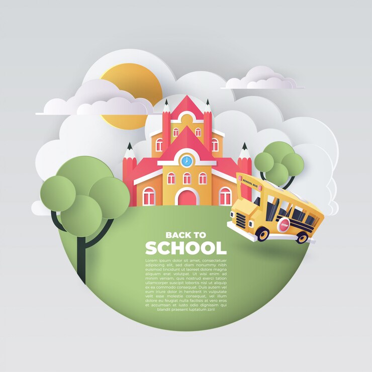 Arte de papel del autobús escolar que se ejecuta en la carretera nacional, concepto de regreso a la escuela, arte vectorial e ilustración.