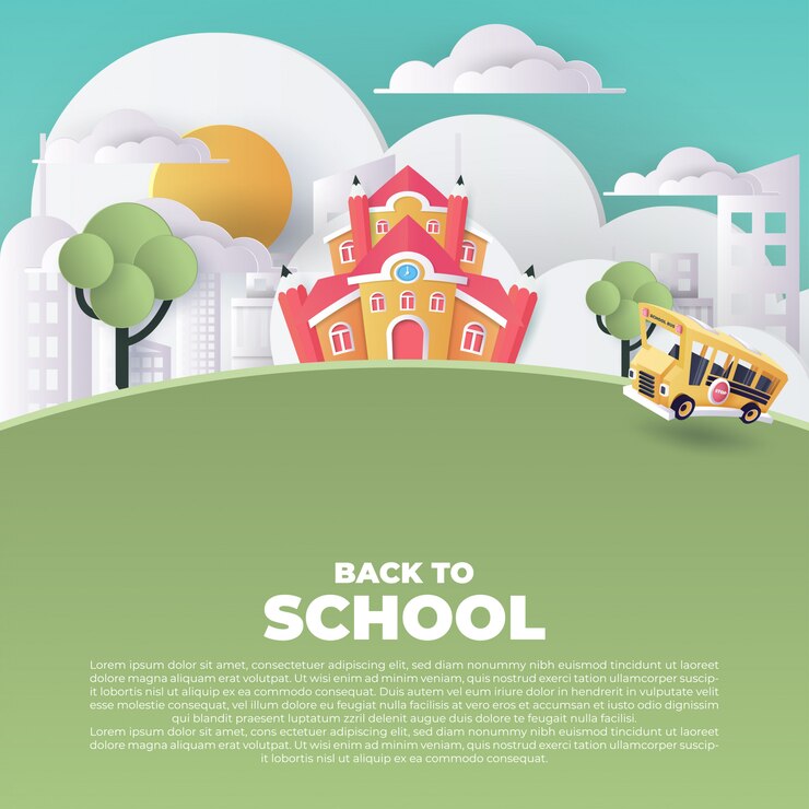Arte de papel del autobús escolar que se ejecuta en la carretera nacional, concepto de regreso a la escuela, arte vectorial e ilustración.