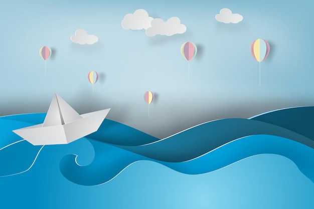 Arte de papel de barco y globo con origami hecho colorido velero en el mar.vector