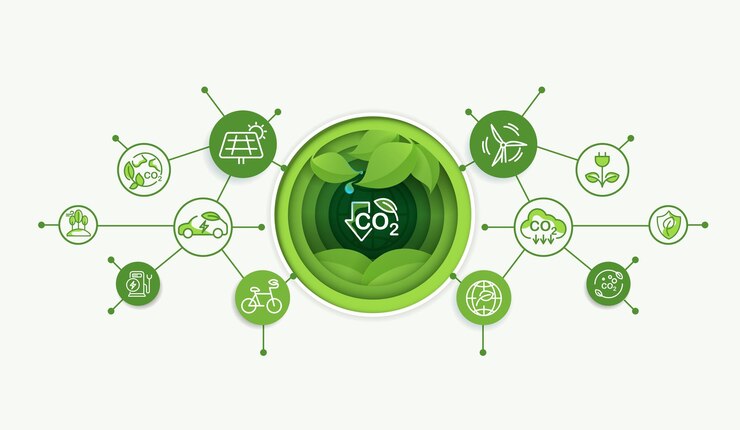 Vector arte en papel co2 o concepto de carbono con íconos emisión de co2 utilizando energía limpia y limitar el calentamiento global energía renovable plantación de árboles diseño vectorial