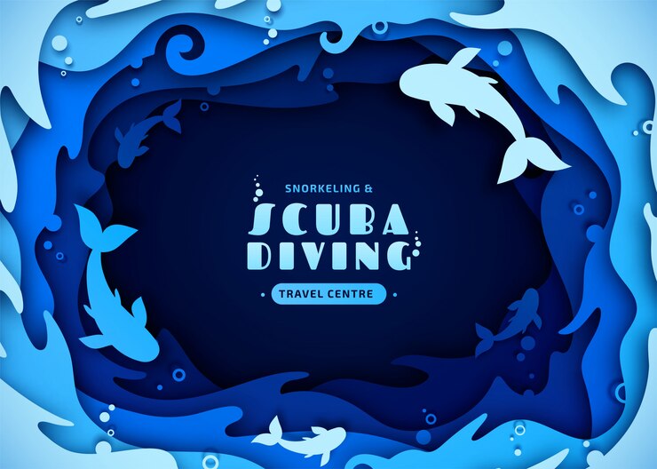 Arte en papel del concepto de buceo, esnórquel y vida marina. Origami de capas recortadas de cartón del mundo submarino y la vida silvestre del océano: arrecifes, olas del mar y peces.