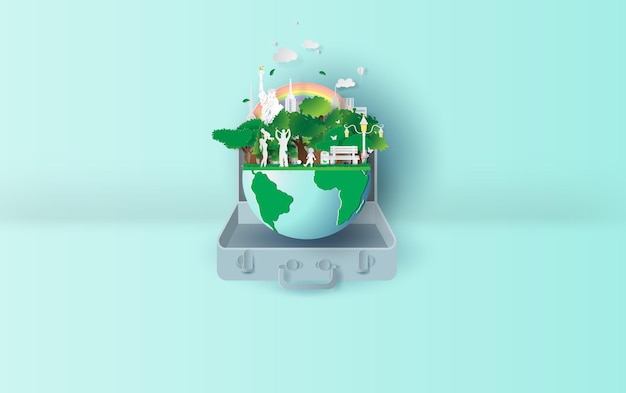 Arte de papel de la ecología Medio ambiente en concepto de maleta su vector de fondo de espacio de texto