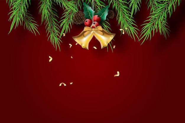 Arte de papel de feliz navidad y feliz año nuevo con fondo de tono rojo. pino mínimo creativo y campana dorada para tarjeta de felicitación. afiche gráfico del elemento de decoración de la fiesta del festival de vacaciones.vector