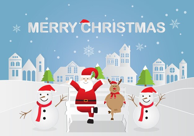 Arte de papel de feliz Papá Noel con muñeco de nieve y renos en el bosque de nieve con texto MERRY CHRISTMAS Ilustración vectorial