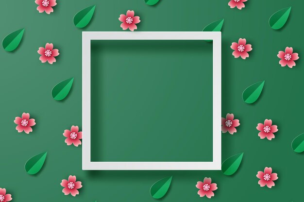 Arte de papel de fondo de primavera de ilustración con flores y lugar de marco de hoja para texto