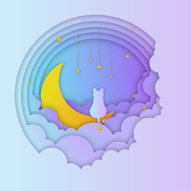 Arte de papel de un gato en la ilustración de vector de luna