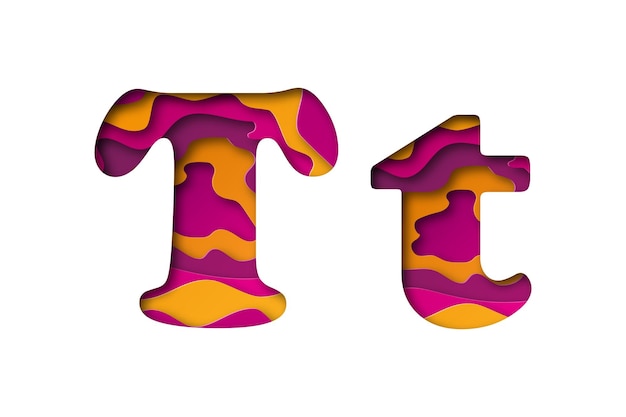 Arte de papel moderno de la letra de color T. Ilustración vectorial. La letra T se corta del papel aislado.