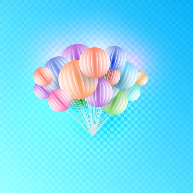 Vector arte de papel de origami manojo colorido de globos de cumpleaños que vuelan para fiestas y celebraciones aisladas en fondo azul a cuadros ilustración vectorial