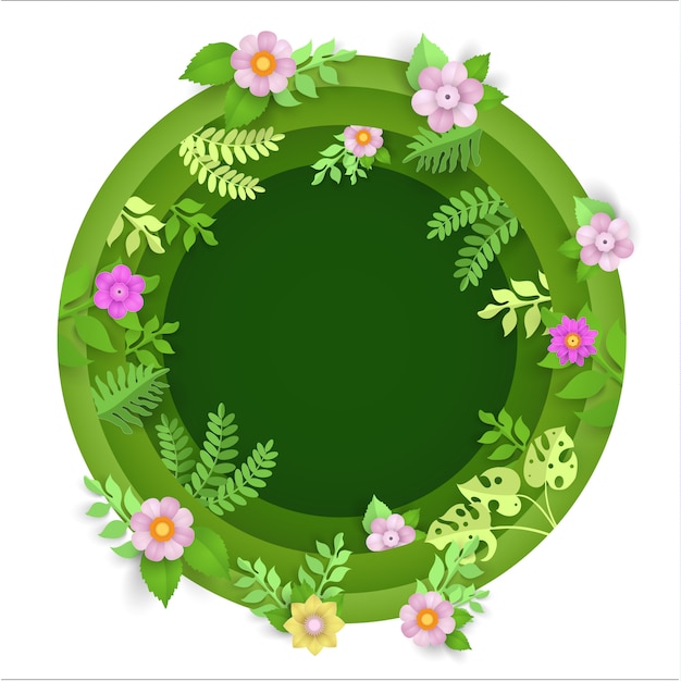 Arte de papel con plantas y flores en un círculo en la primavera.